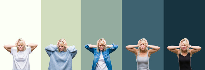 Collage of beautiful blonde woman over green vintage isolated background suffering from headache desperate and stressed because pain and migraine. Hands on head.
