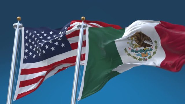 4k Seamless United States of America And Mexico Flags with blue sky background,A fully digital rendering,The flag 3D animation loops at 20 seconds,USA MEX.