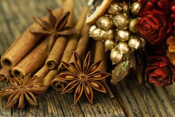 Christmas spices, cinnamon sticks and anise stars