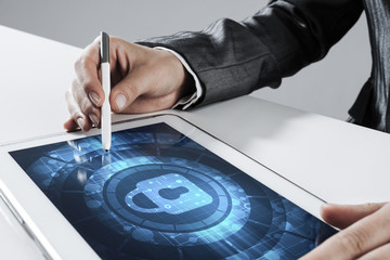 Internet security concept with woman working on media screen wit