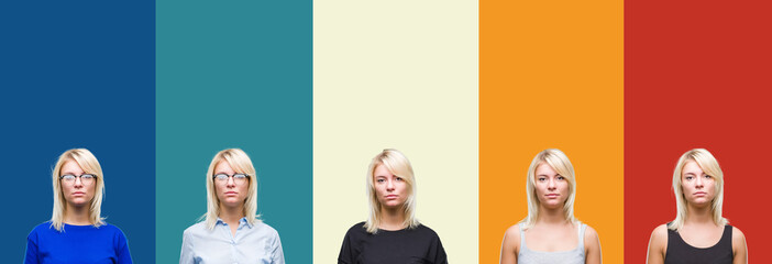 Obraz premium Collage of beautiful blonde woman over colorful vintage isolated background with serious expression on face. Simple and natural looking at the camera.