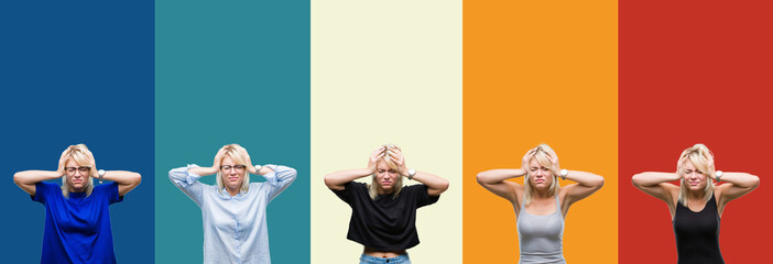 Obraz premium Collage of beautiful blonde woman over colorful vintage isolated background suffering from headache desperate and stressed because pain and migraine. Hands on head.