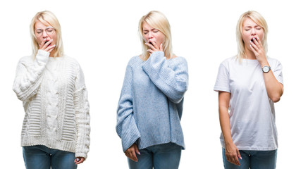Collage of beautiful blonde woman wearing winter sweater over isolated background bored yawning tired covering mouth with hand. Restless and sleepiness.