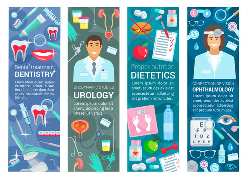 Dentistry, urology and dietetics health banners