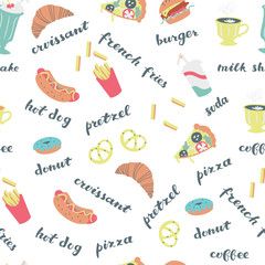 Seamless Background with Doodle Fast Food. Vector Illustration.