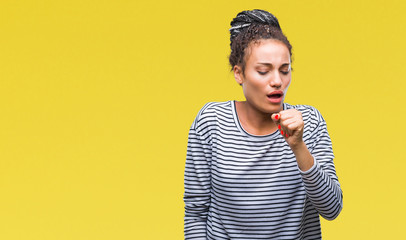 Young braided hair african american girl wearing sweater over isolated background feeling unwell and coughing as symptom for cold or bronchitis. Healthcare concept.