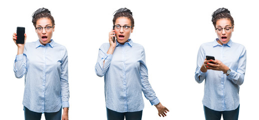 Collage of beautiful african american business woman using smartphone over isolated background...