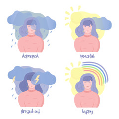 Set of mental states illustrations. Girl happy, depressed, peaceful and stressed out. Mental health weather concept. Clouds, rain, lightning, sun, rainbow. Vector illustration, cartoon flat style.