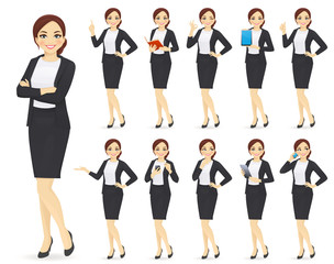 Businesswoman character in different poses set vector illustration