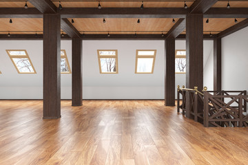 Fototapeta na wymiar Attic loft open space empty interior with beams, windows, stairway, wooden floor. 3d render illustration mock up.