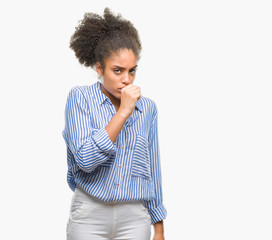 Fototapeta na wymiar Young afro american woman over isolated background feeling unwell and coughing as symptom for cold or bronchitis. Healthcare concept.