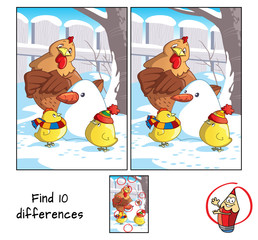 Two little chicken, hen and snowman. Find 10 differences. Educational game for children. Cartoon vector illustration