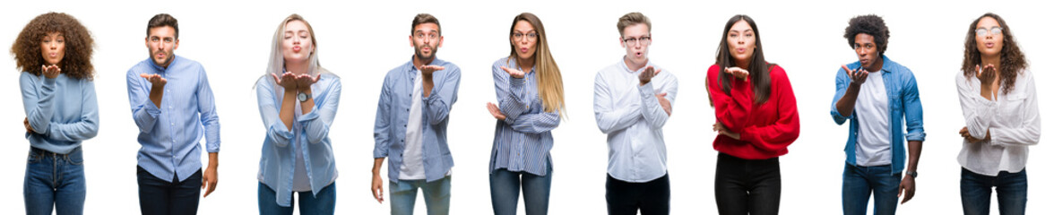 Composition of african american, hispanic and caucasian group of people over isolated white background looking at the camera blowing a kiss with hand on air being lovely and sexy. Love expression.