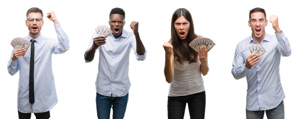 Obraz premium Collage of group team of workers holding bank notes dollars over isolated background annoyed and frustrated shouting with anger, crazy and yelling with raised hand, anger concept