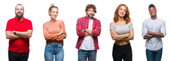 Collage of group of young people over colorful isolated background happy face smiling with crossed arms looking at the camera. Positive person.