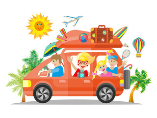 Fototapeta premium Happy family traveling by red car. Vector flat