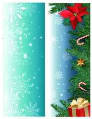 Vector set of Christmas banners with fir branches, holly, mistletoe flower, caramel cane, gift box.