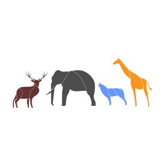 set of animal silhouette. deer, elephant, wolf and giraffe silhouette colorful logo.