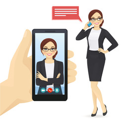 Businesswoman talking on the mobile phone. Hand holding smartphone with online business woman vector illustration