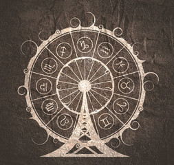 Astrological symbols in the circle. New Year and Christmas celebration card template. Zodiac circle as ferris wheel