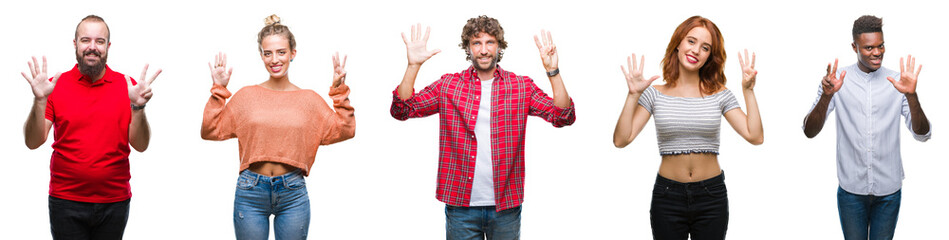 Collage of group of young people over colorful isolated background showing and pointing up with fingers number eight while smiling confident and happy.