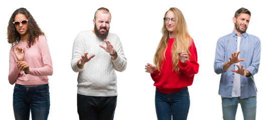 Fototapeta premium Collage of group of young people over white isolated background disgusted expression, displeased and fearful doing disgust face because aversion reaction. With hands raised. Annoying concept.