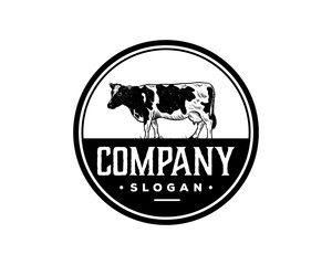 Hand Drawing Vector Livestock Cow or Cattle Farm Animal Sign Symbol Vintage Company Circle Logo Template Design Inspiration