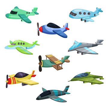 Flat vector set of different aircrafts. Military jet planes, passenger airplane and biplane. Elements for mobile game or children book
