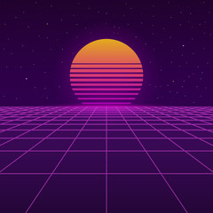 Futuristic background the 80`s. New retro wave. Sunset sun on retro cyber surface. - 230362095