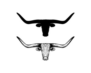 Silhouette and Hand Drawing Vector Head Cow or Bull Antlers Sign Symbol Icon Logo Template Design Inspiration