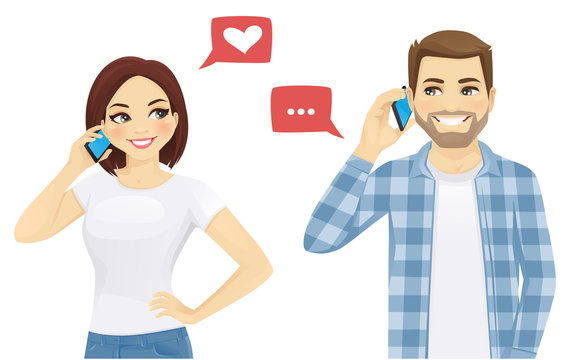 Young Man And Woman Talking On Phone Vector Illustration