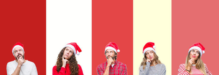 Collage of group of young people wearing chrismast hat over isolated background with hand on chin...