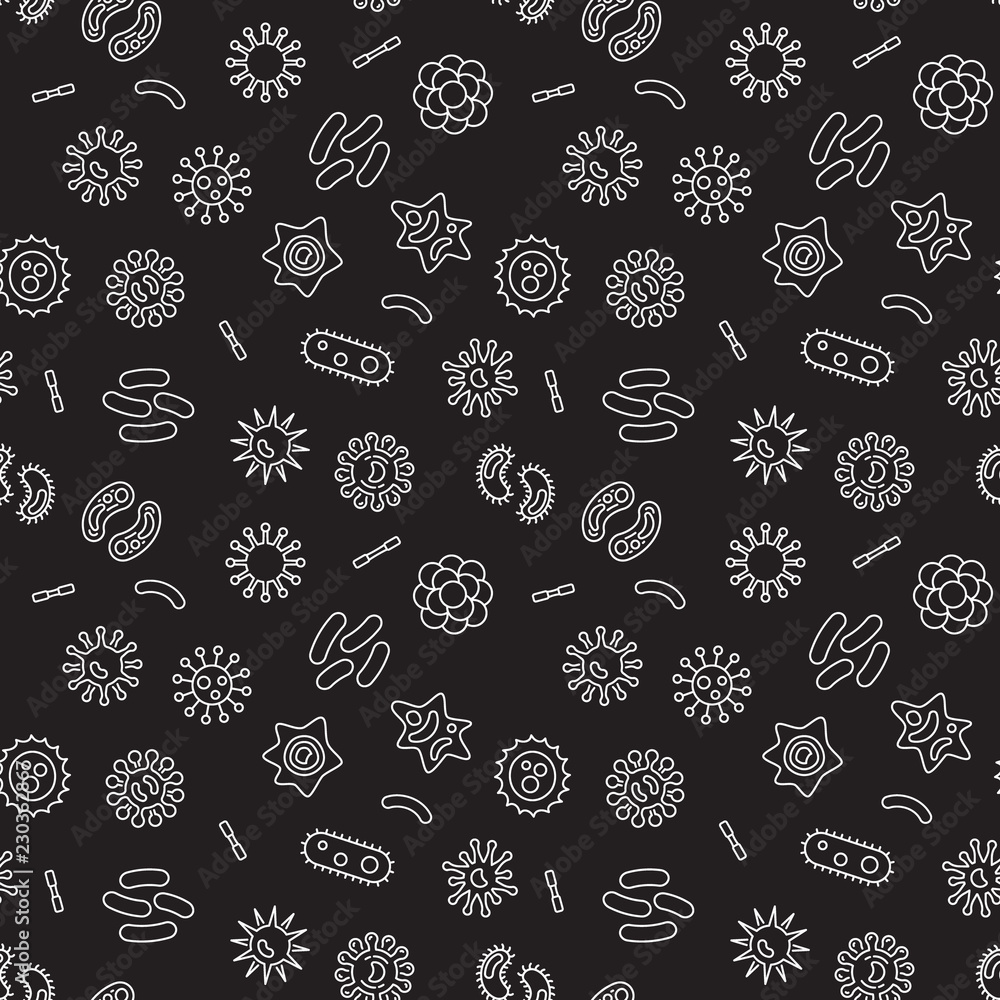 Poster seamless vector pattern with outline bacteria icons
