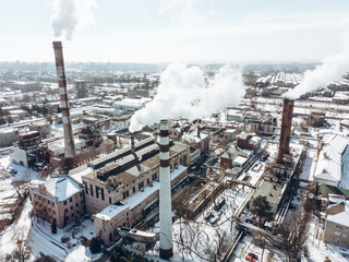 aerial view of smog pollution from city factory