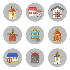 Fototapeta premium Vector set of windmills and watermills icons isolated on background