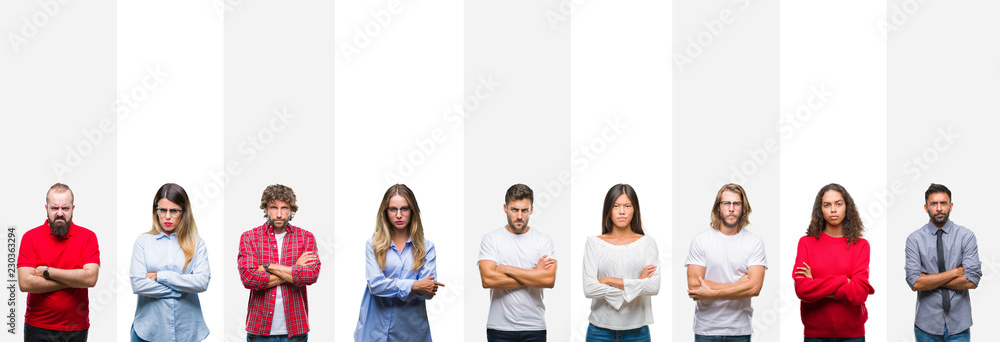 Wall mural Collage of different ethnics young people over white stripes isolated background skeptic and nervous, disapproving expression on face with crossed arms. Negative person.