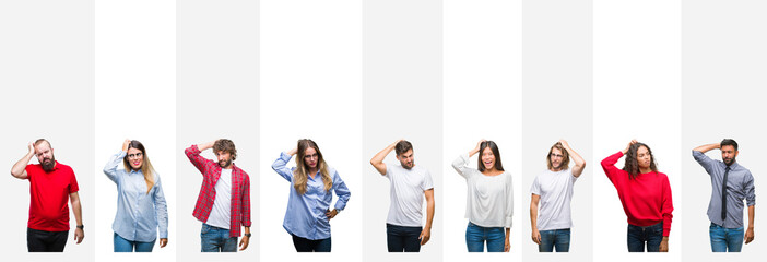 Collage of different ethnics young people over white stripes isolated background confuse and wonder about question. Uncertain with doubt, thinking with hand on head. Pensive concept.