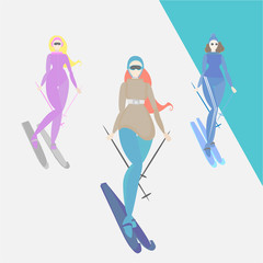 Women do ski, creative cartoon funny illustration