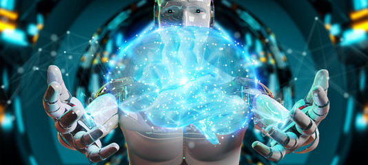 White man humanoid creating artificial intelligence 3D rendering