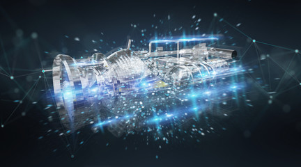 Wireframe holographic 3D digital projection of an engine