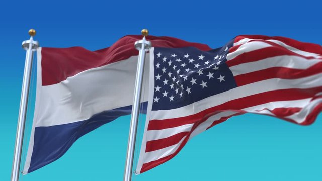 4k Seamless United States of America And Netherlands Holland Flags with blue sky background,A fully digNLl rendering,The flag 3D animation loops at 20 seconds,USA NL.