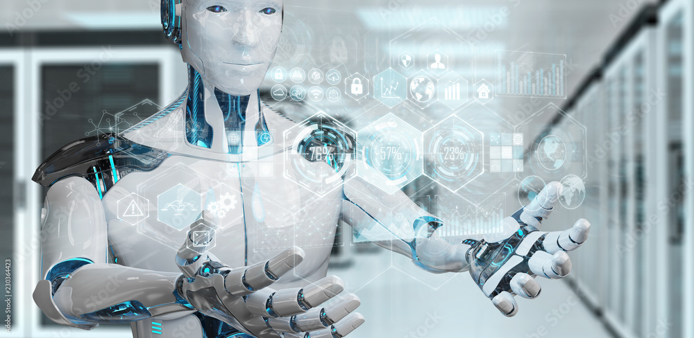 Poster white male cyborg using digital datas interface 3d rendering