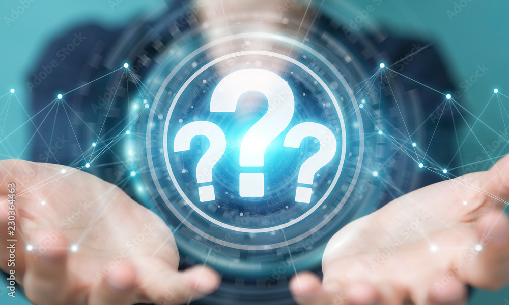 Poster businesswoman using question marks digital interface 3d rendering