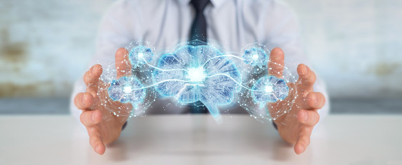 Businessman creating artificial intelligence in a digital brain 3D rendering