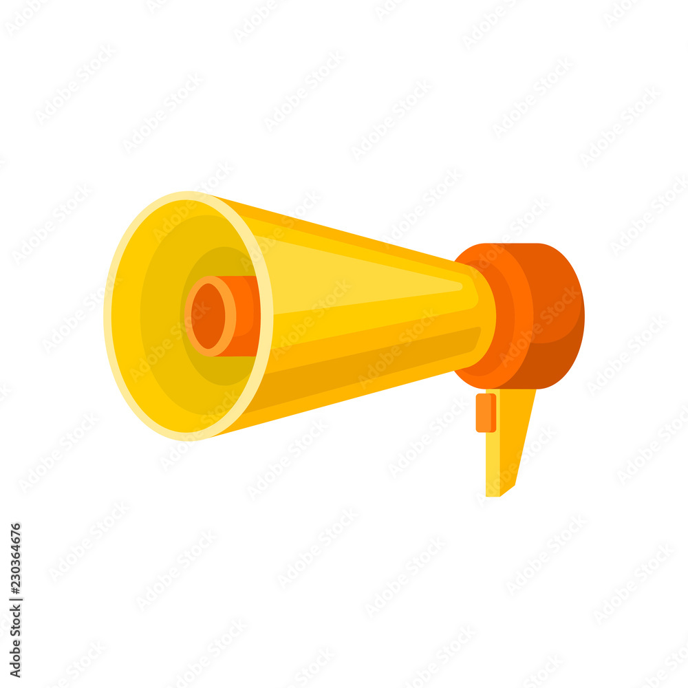 Poster flat vector icon of bright yellow megaphone. loud-speaker with handle and button. element for web si