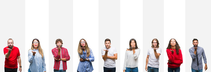 Collage of different ethnics young people over white stripes isolated background looking at the camera blowing a kiss with hand on air being lovely and sexy. Love expression.