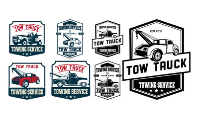 Vintage car tow truck emblems, labels and design elements.set of tow truck logo design template