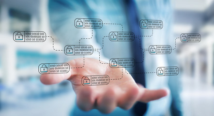 Businessman protecting his datas with thin line security interface