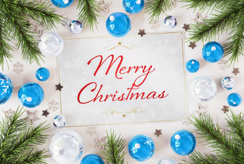 Christmas card greetings with blue baubles 3D rendering
