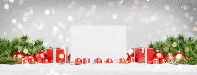Blank Christmas card laying on red baubles and gift 3D rendering